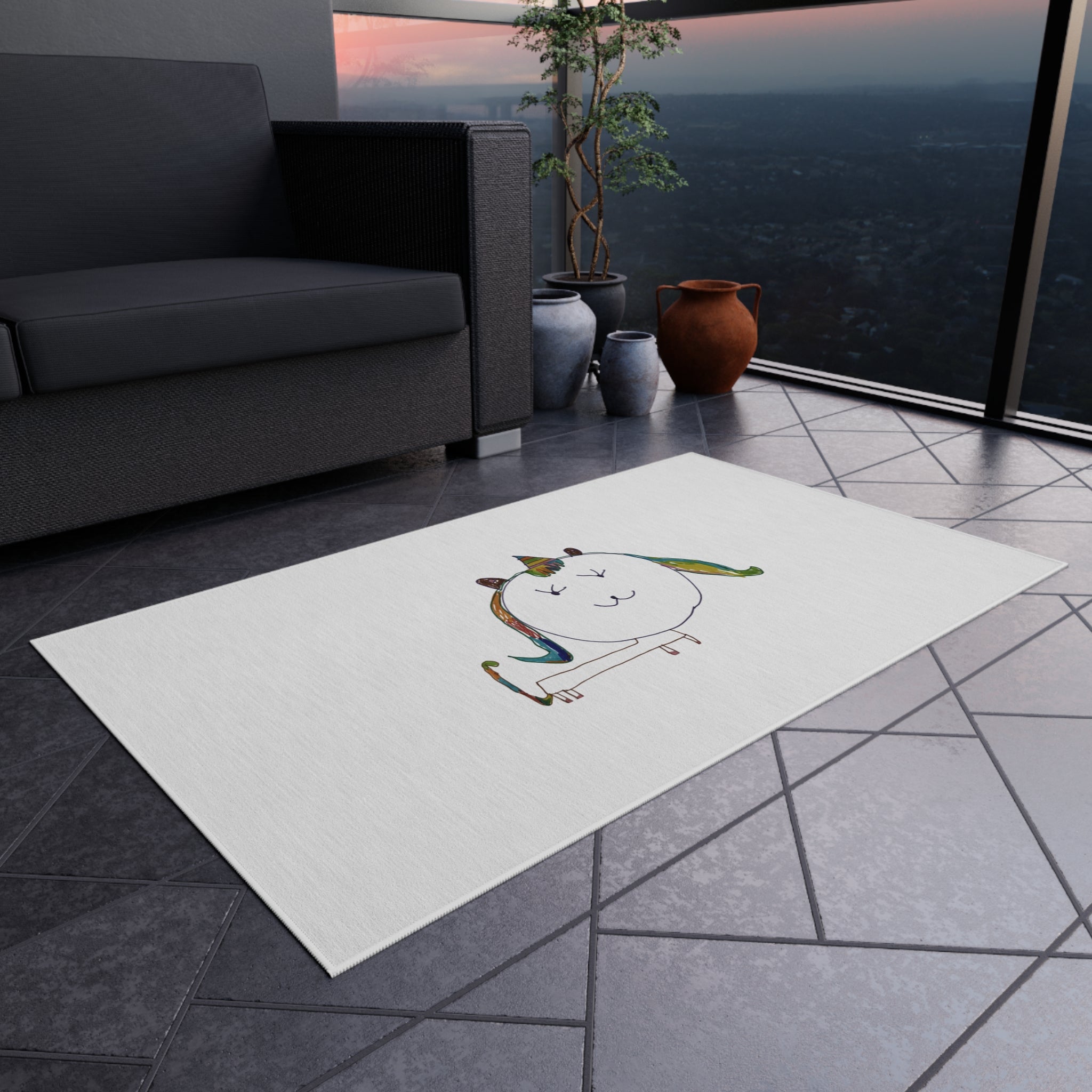Unicorn Doodle Outdoor Rug — Cute Rainbow Patio Mat for Kids' Play Area